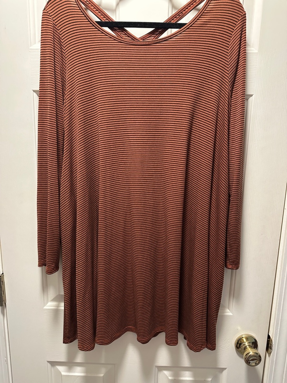 Christian Caliendo Striped Long-Sleeve Swing Dress in Rust/Black